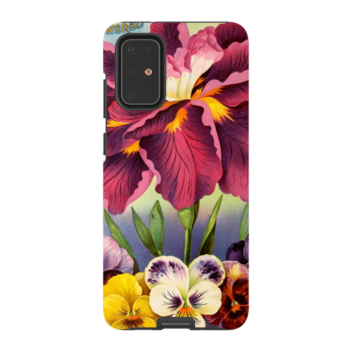 Samsung Tough Case featuring a vibrant floral design with large purple irises and colorful pansies on a dual-layer shell.