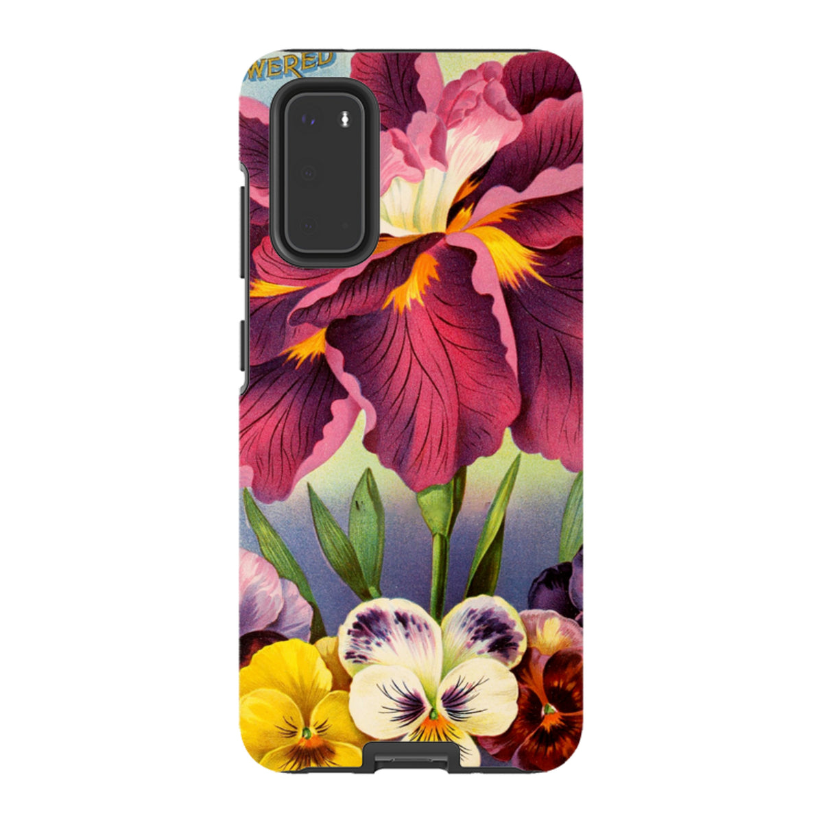 Samsung Tough Case featuring vibrant purple iris and colorful pansy floral artwork with a durable dual-layer design.
