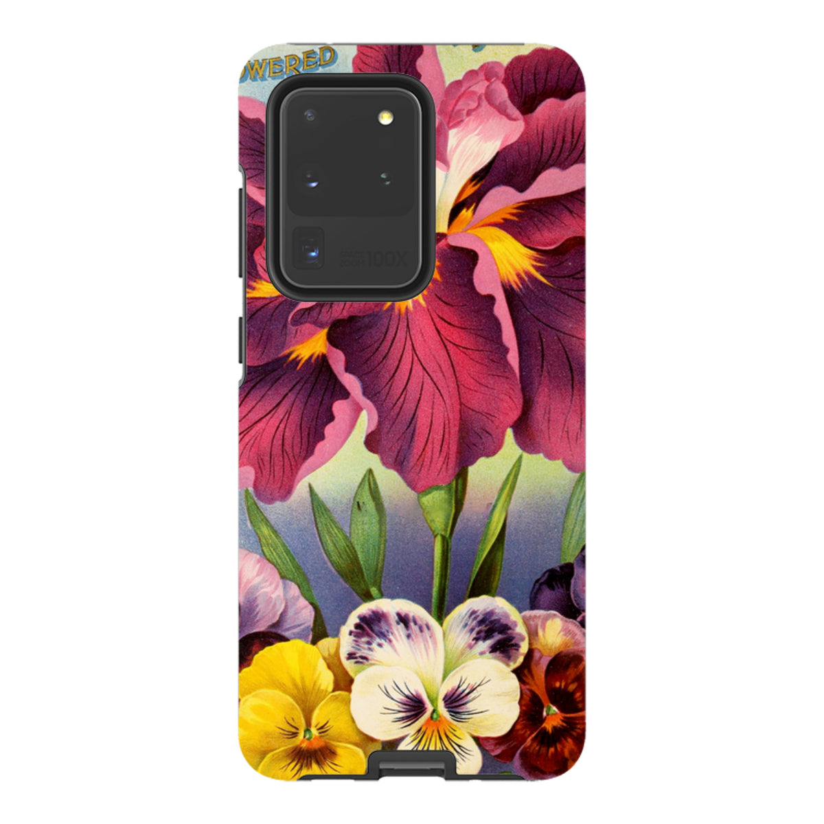 Samsung Tough Case featuring a vibrant floral design with purple irises and colorful pansies on a durable dual-layer shell.