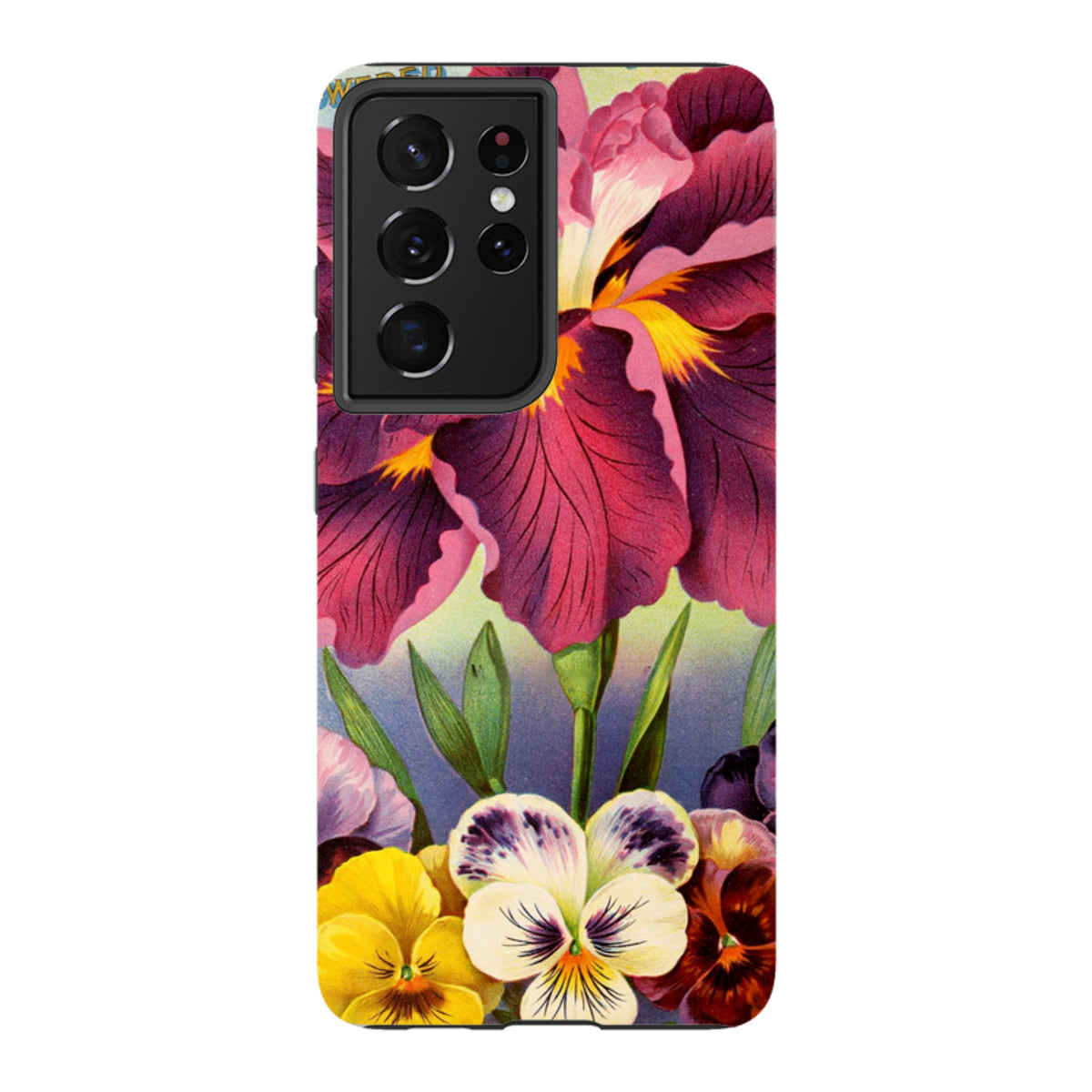 Samsung Tough Case featuring a vibrant floral design with purple irises and colorful pansies on a durable dual-layer shell.