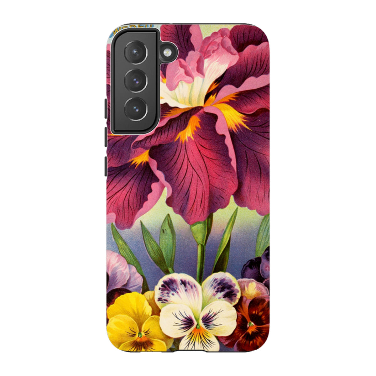 Samsung Tough Case featuring a vibrant floral print with purple irises and colorful pansies on a durable dual-layer shell.