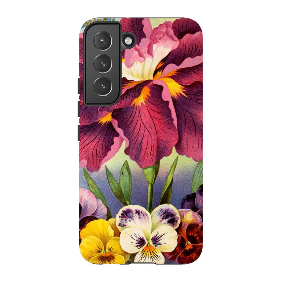Samsung Tough Case featuring a vibrant floral print with deep purple irises and colorful pansies on a durable dual-layer shell.