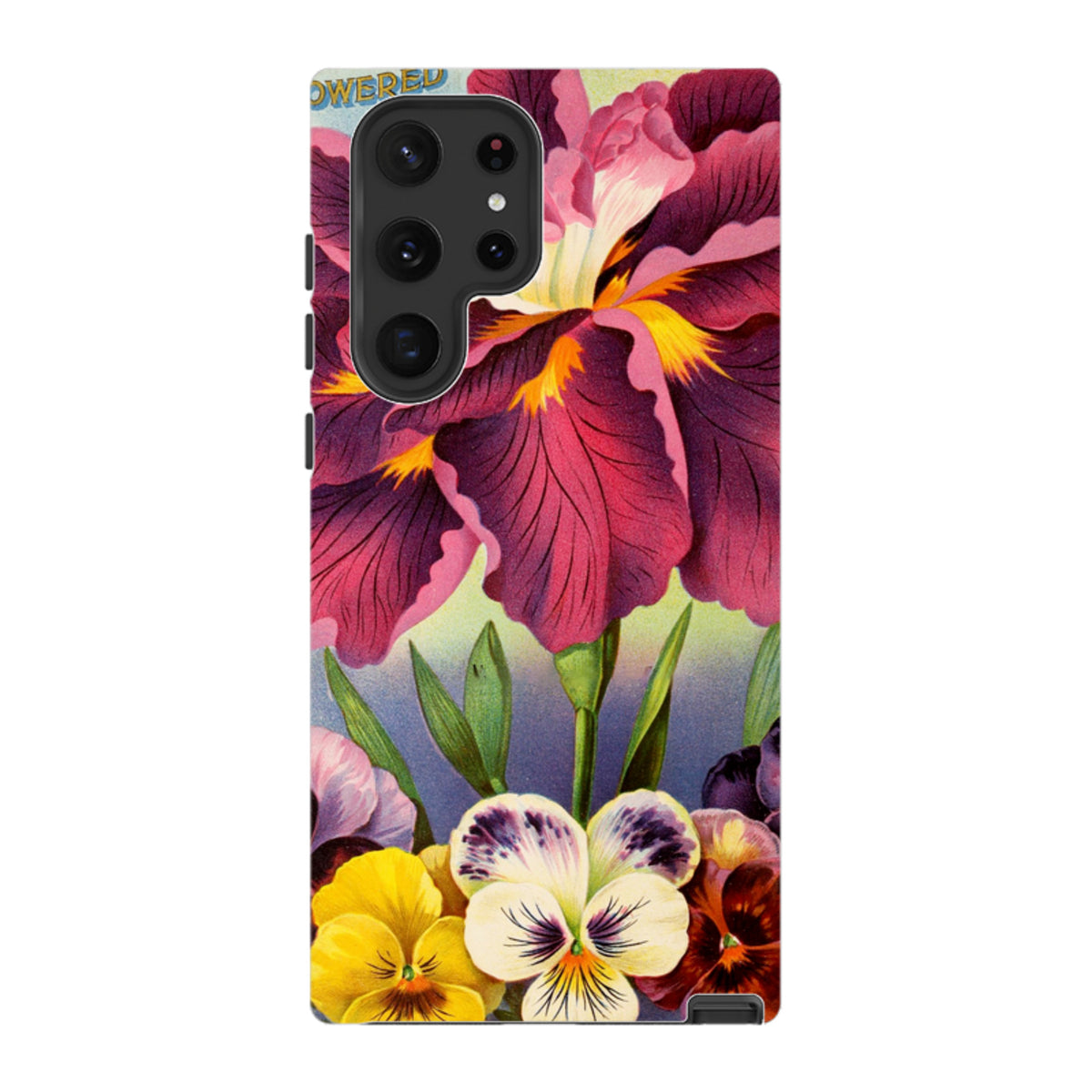 Samsung Galaxy tough case featuring a vibrant, high-definition floral print with purple irises and colorful pansies.