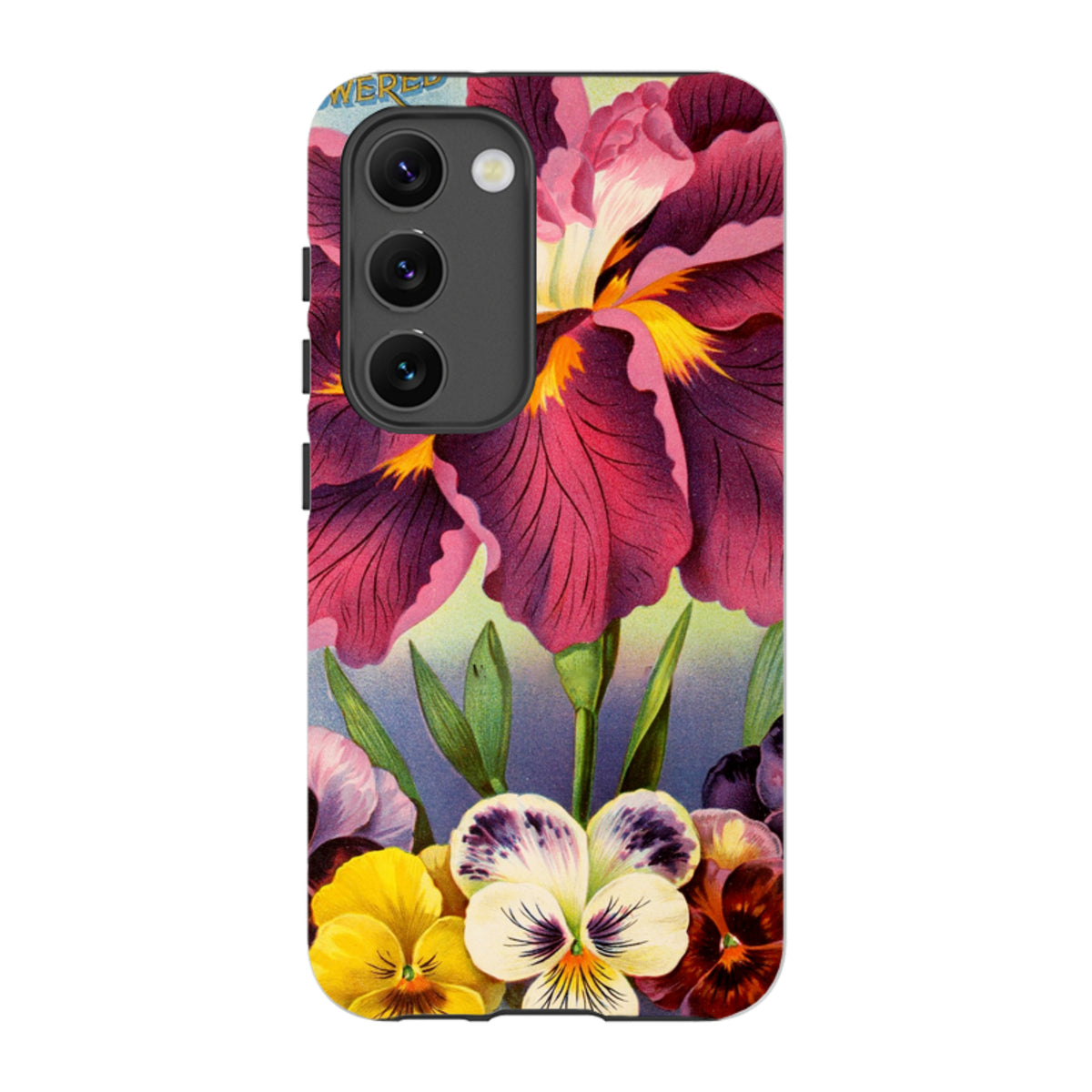 Samsung Tough Case featuring a vibrant floral print with purple irises and colorful pansies on a dual-layer phone cover.