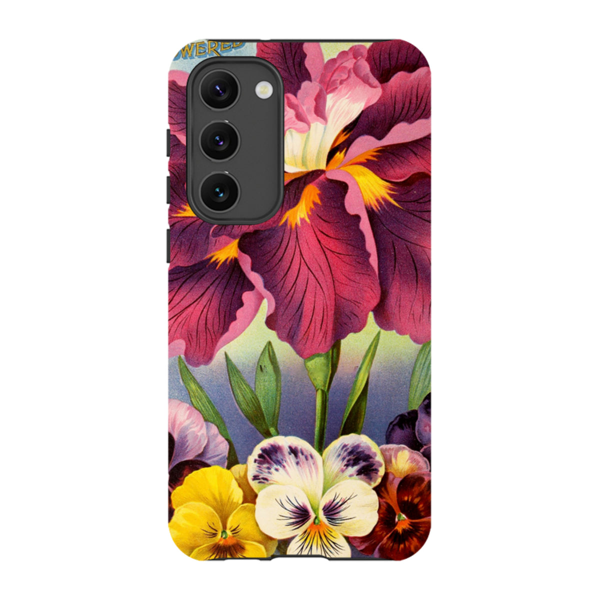 Samsung Tough Case featuring a vibrant floral design with large purple irises and colorful pansies on a durable shell.