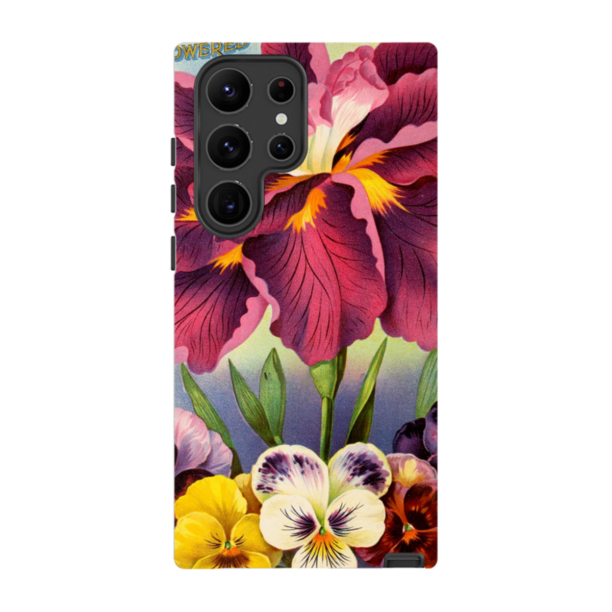 Samsung Galaxy tough case featuring vibrant purple iris and colorful pansy floral artwork with a durable dual-layer design.