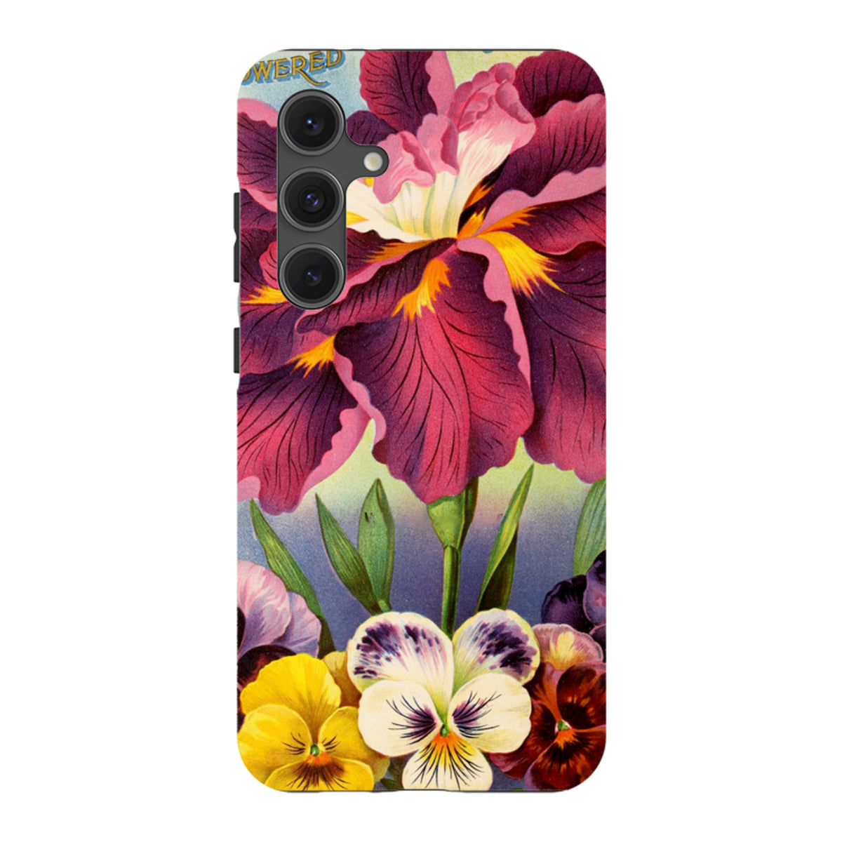Samsung Tough Case featuring a vibrant floral print of purple irises and colorful pansies on a durable dual-layer shell.