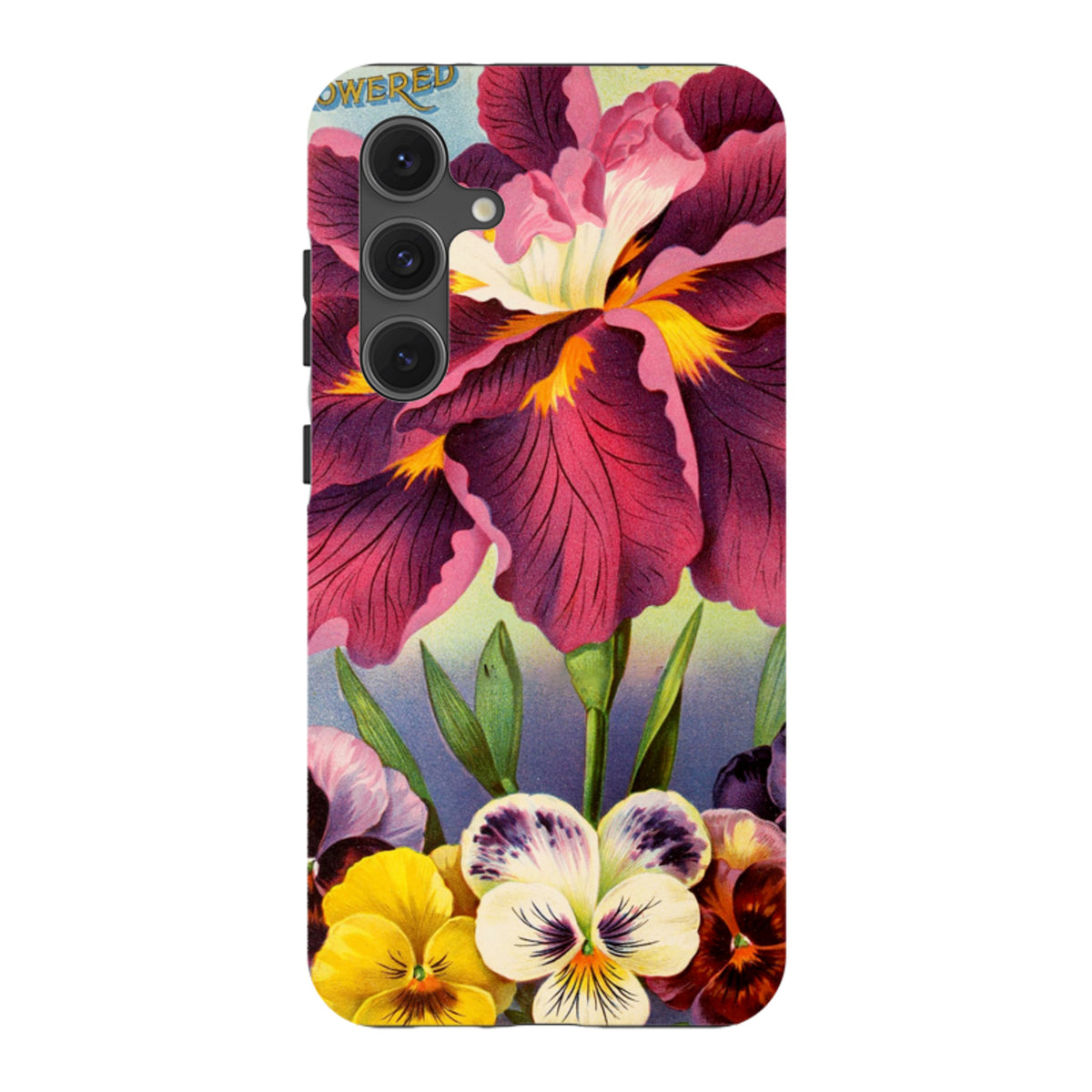 Samsung Tough Case featuring vibrant purple irises and colorful pansies in a high-definition floral art design.