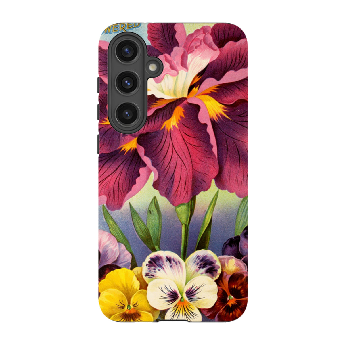 Samsung Galaxy tough case featuring a vibrant floral design with large purple irises and colorful pansies.