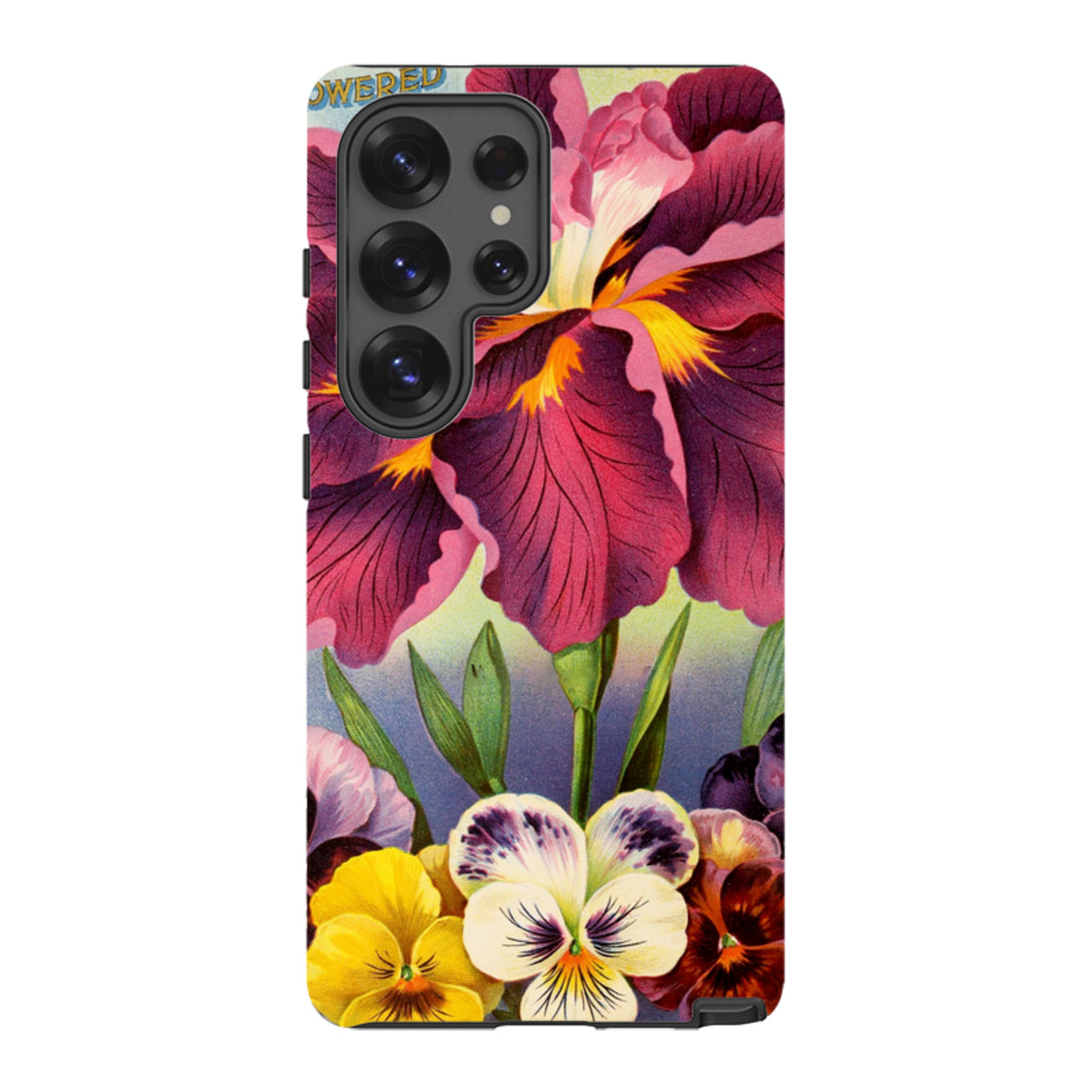 Samsung Tough Case featuring a vibrant floral design with large purple irises and colorful pansies on a dual-layer shell.
