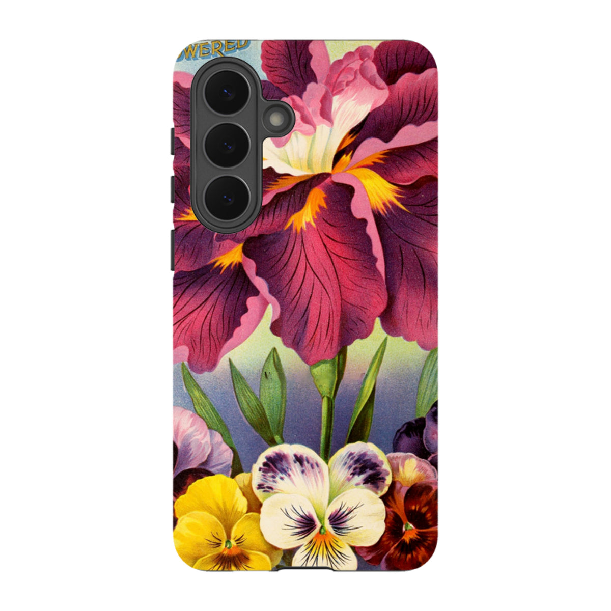 Samsung Tough Case featuring vibrant Losely floral artwork with purple irises and colorful pansies on a dual-layer shell.