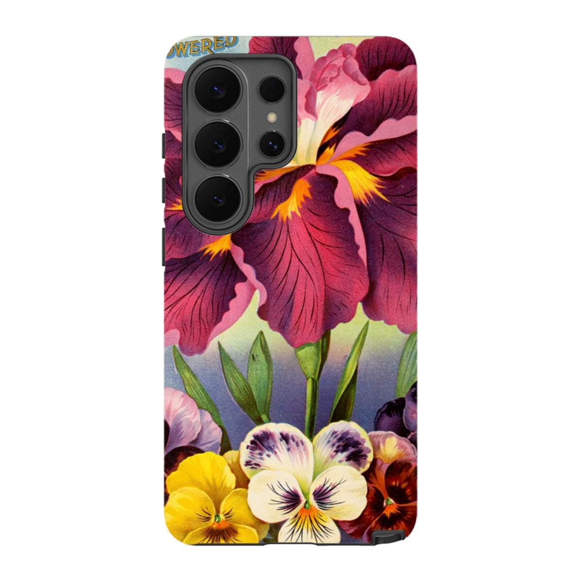 Samsung Tough Case featuring a vibrant floral design with purple irises and colorful pansies on a durable dual-layer shell.