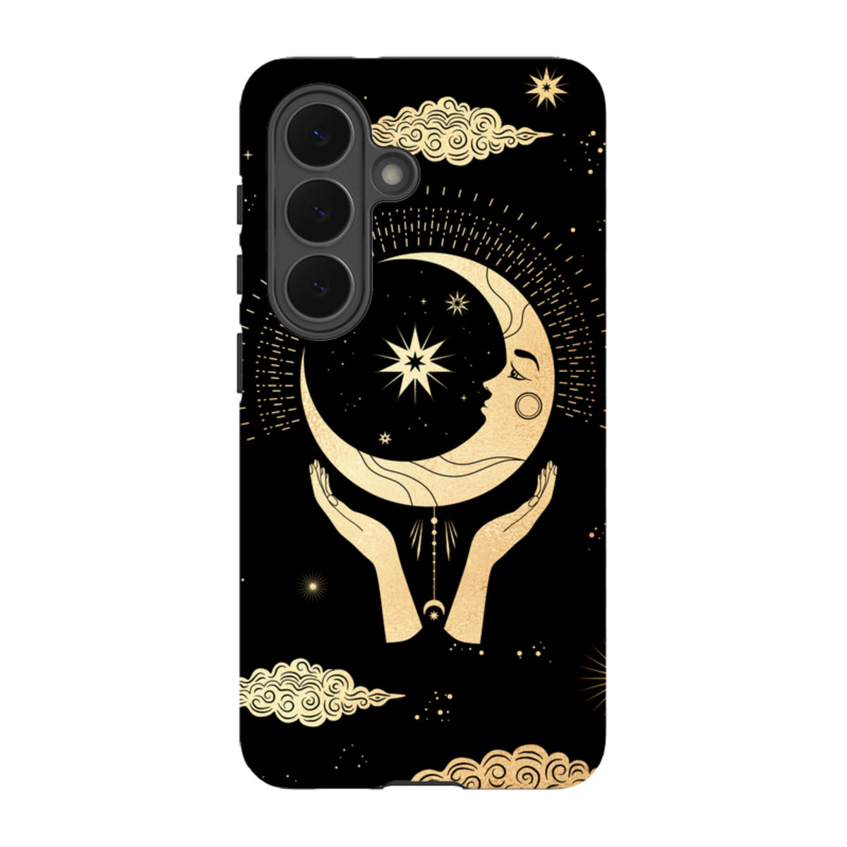 Samsung Tough Case featuring a gold celestial moon and hands design on a black background for Galaxy phones.