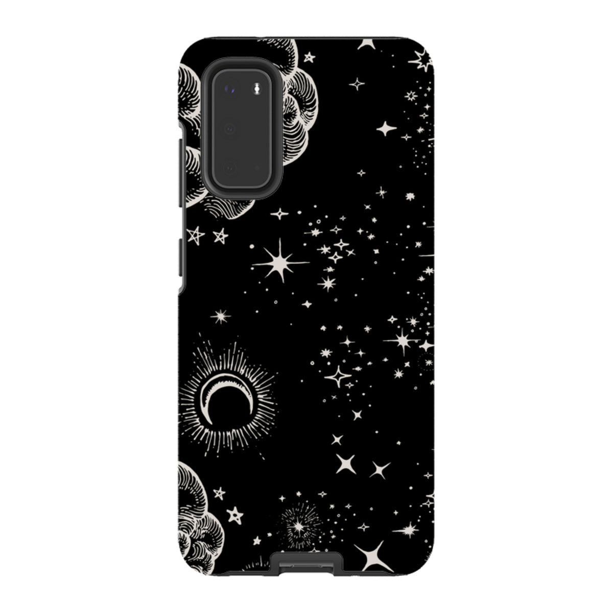 Samsung Tough Case with a black celestial design featuring white stars, clouds, and a crescent moon illustration.