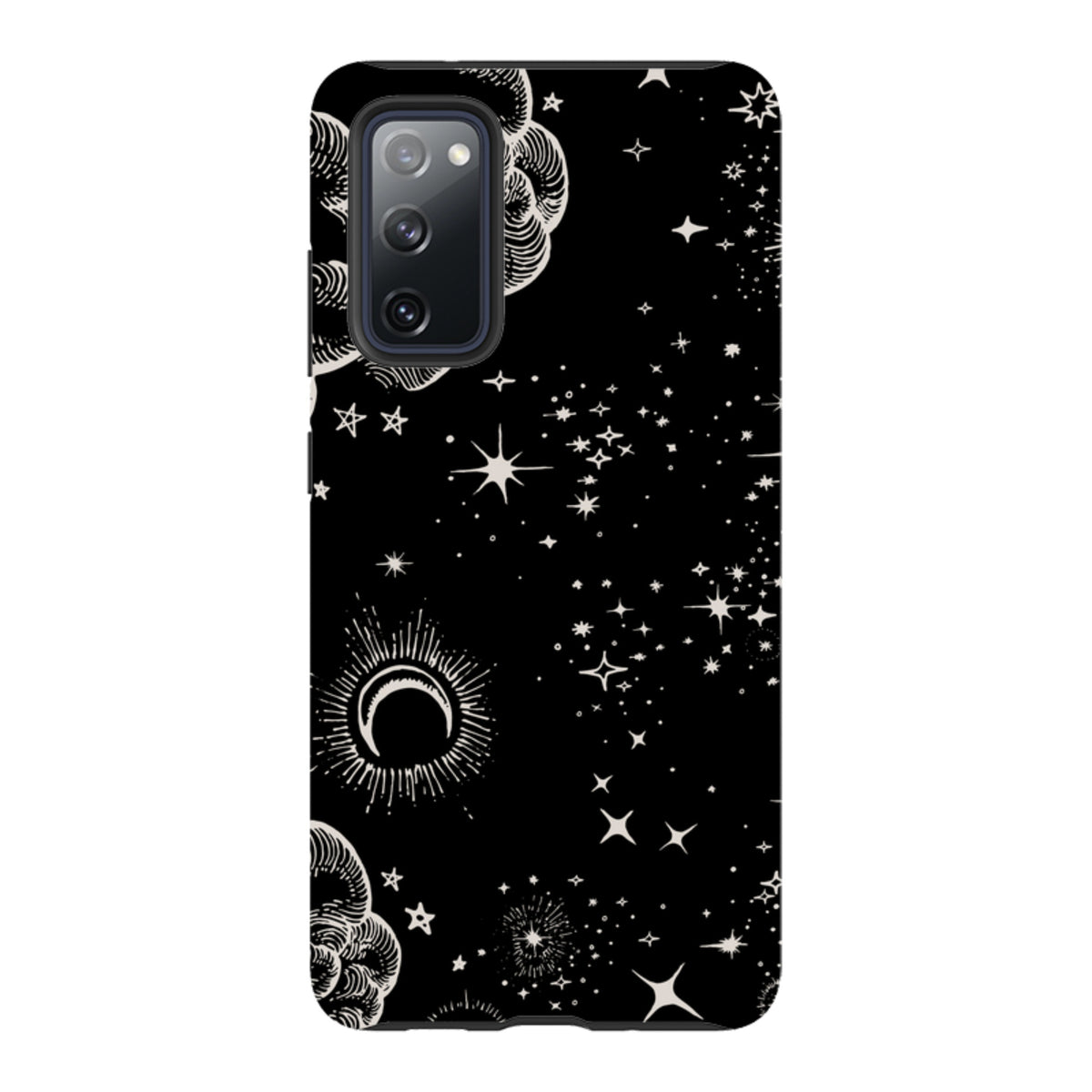 Samsung Tough Case featuring a black background with white celestial moon, cloud, and star illustrations.