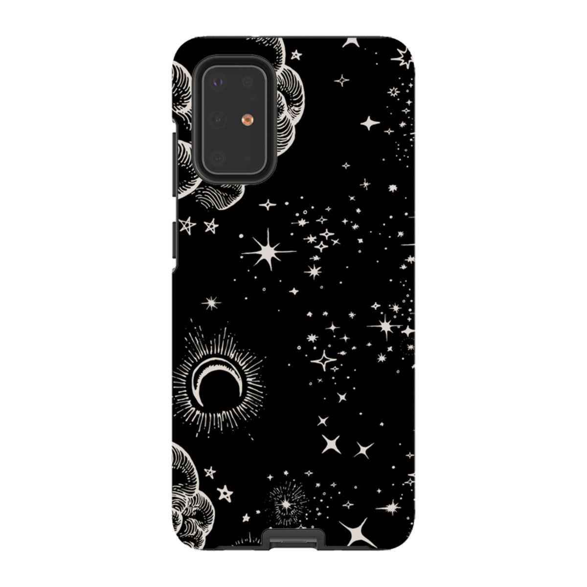 Samsung Tough Case with black background and white celestial moon, cloud, and star pattern for Galaxy phones.