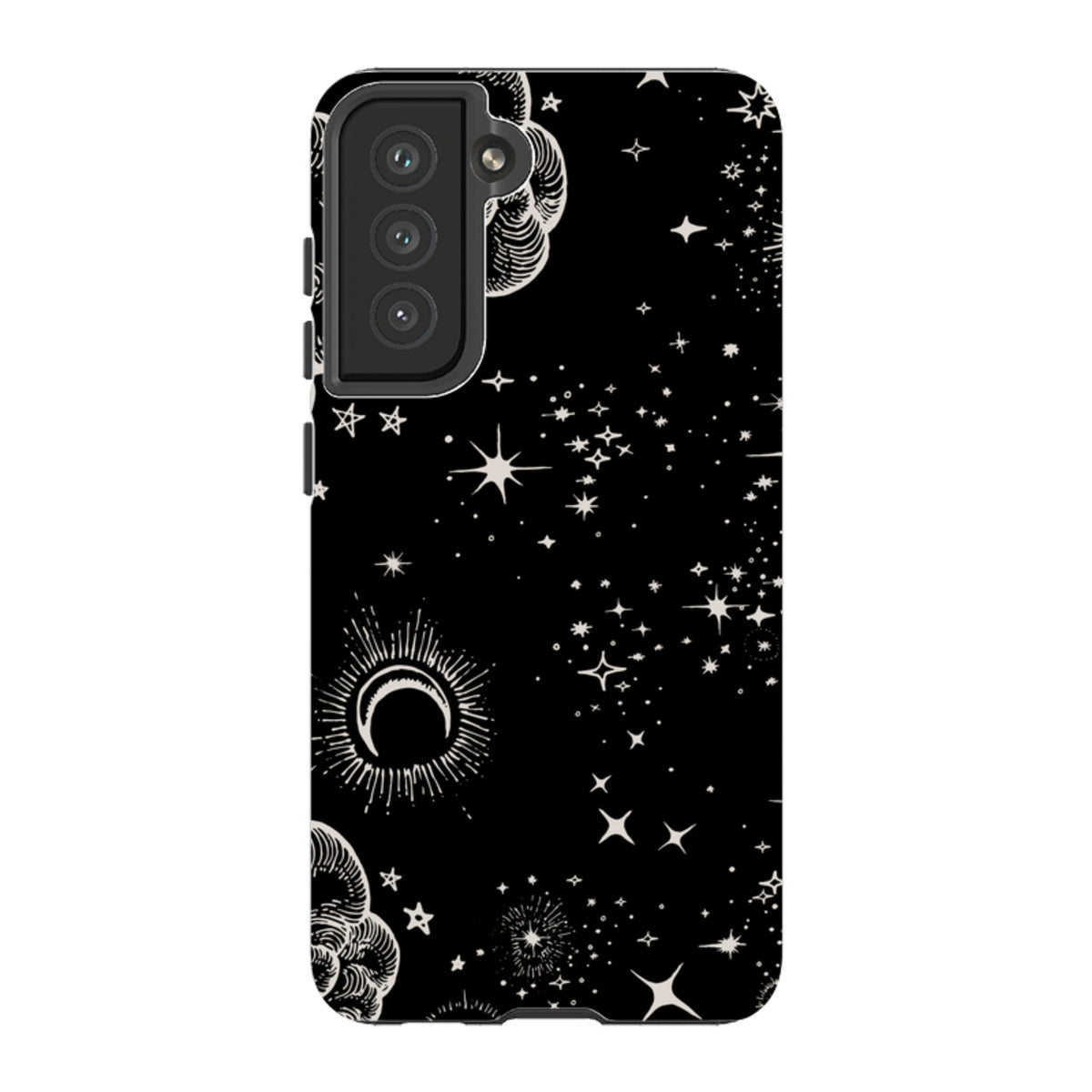 Samsung Tough Case featuring a black and white celestial star and moon pattern with dual-layer protective design.
