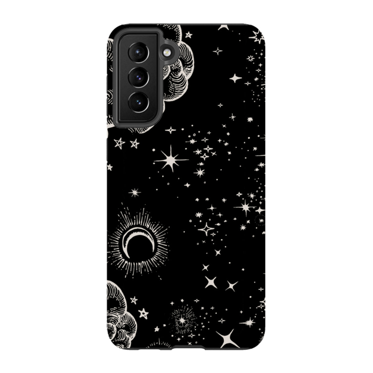 Samsung Tough Case for Galaxy featuring a black background with white celestial moon, star, and cloud line art.