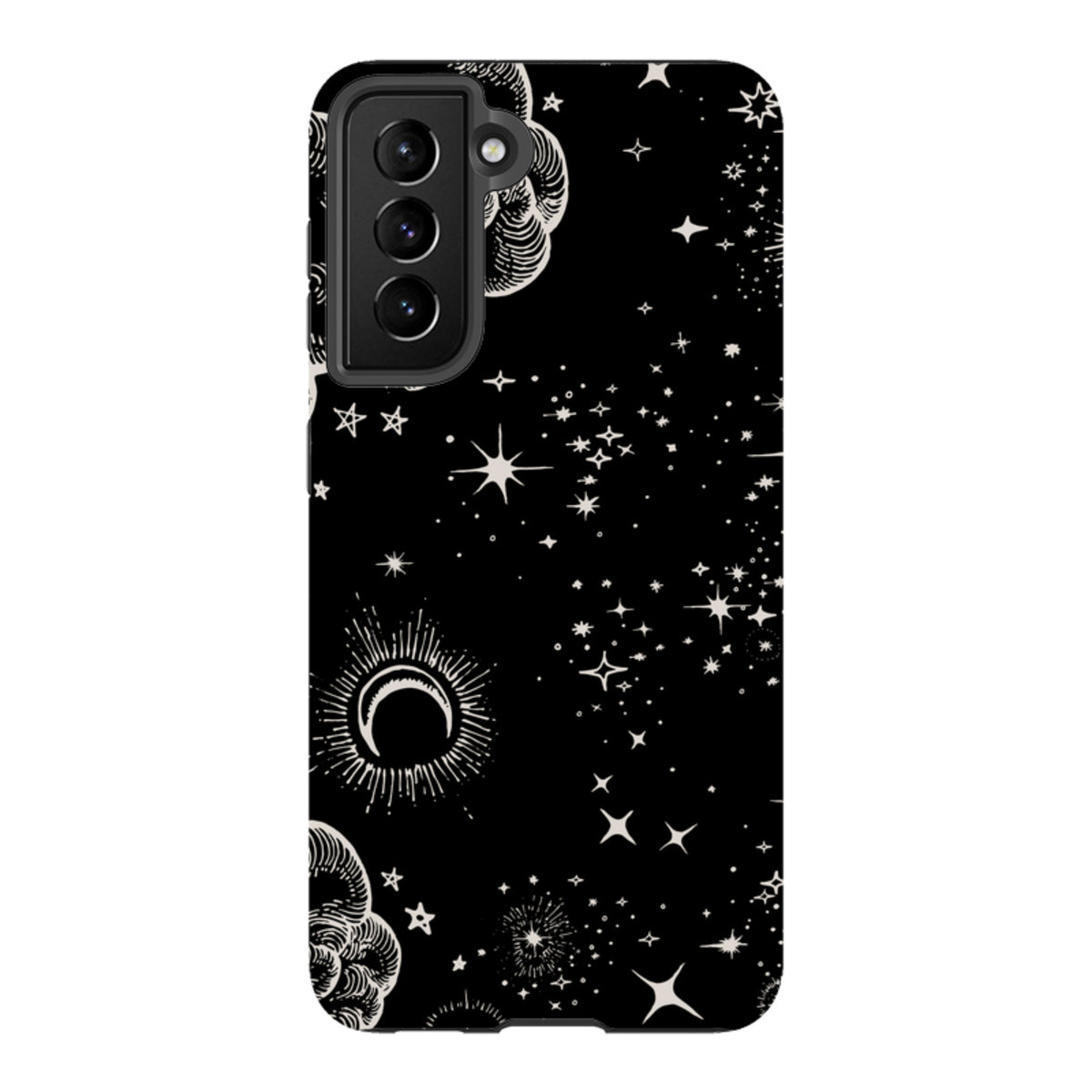 Samsung Tough Case featuring a black background with white celestial moon, cloud, and star illustrations.