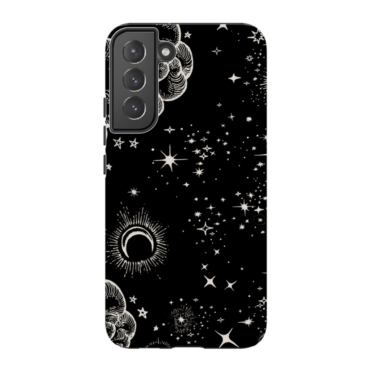 Samsung Galaxy tough case featuring a black background with white celestial moon, star, and cloud line art design.