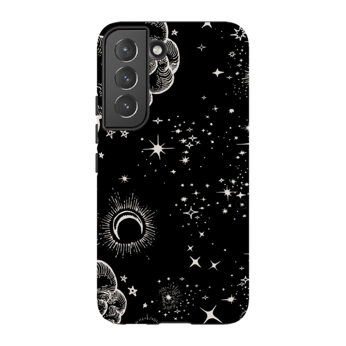 Samsung Tough Case for Galaxy with black background, white celestial moon, cloud, and star illustrations.