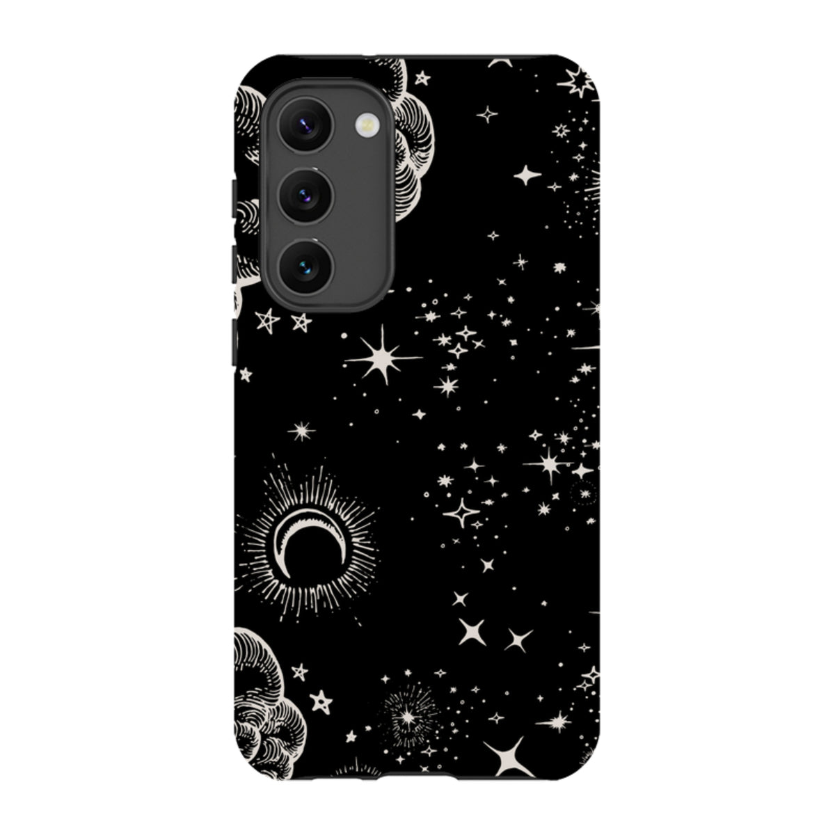Samsung Tough Case featuring a black background with white celestial moon, cloud, and star art for Galaxy devices.