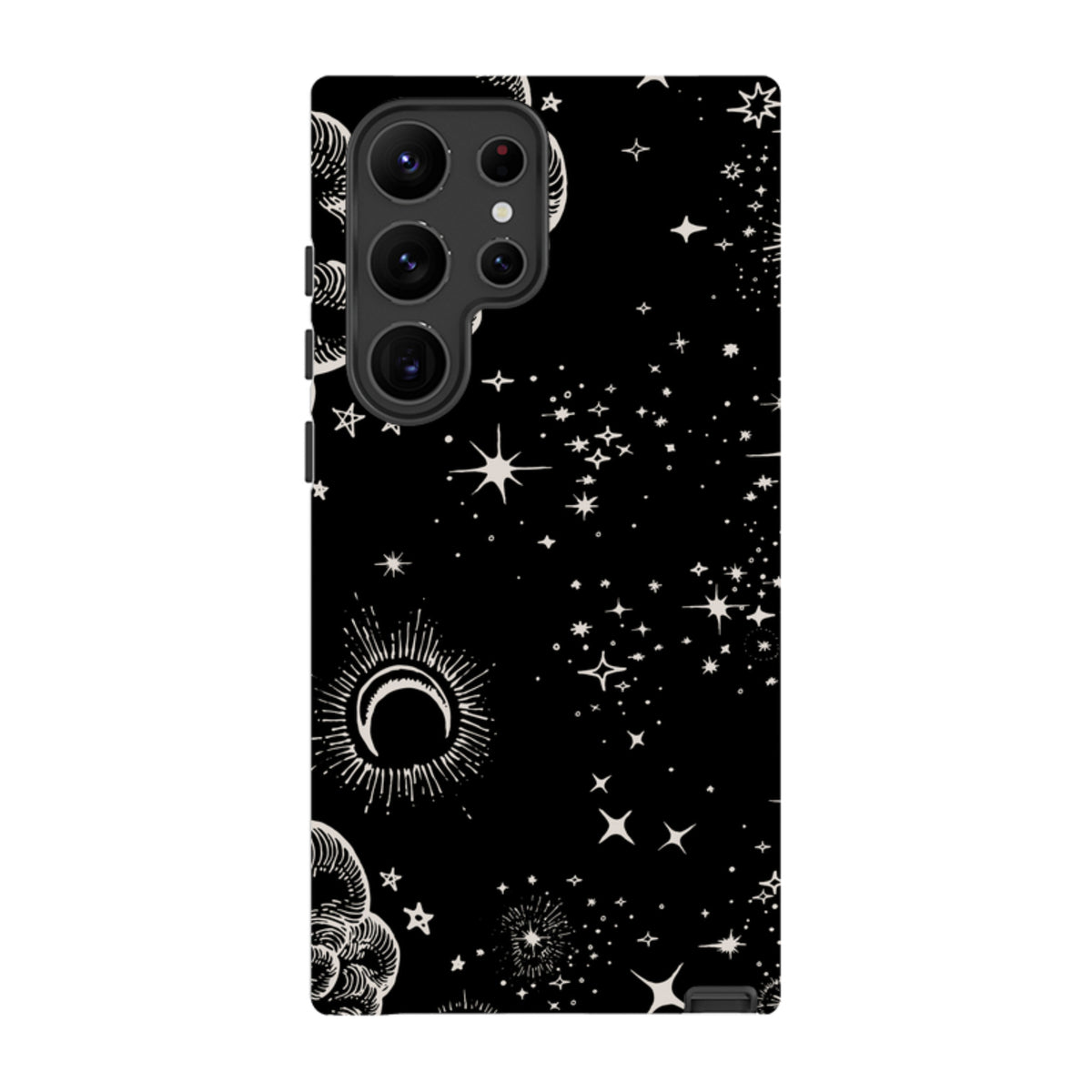 Samsung Galaxy tough case in black with a white celestial print featuring stars, moons, and clouds in a dual-layer design.