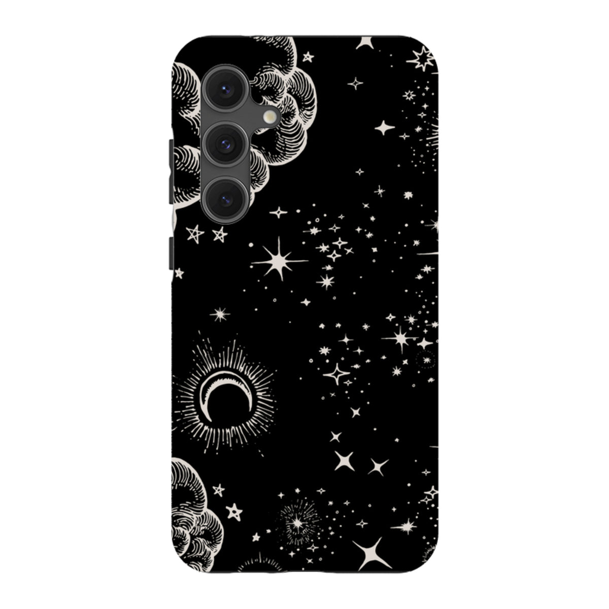 Samsung Tough Case for Galaxy featuring a black celestial design with white stars, clouds, and a crescent moon.