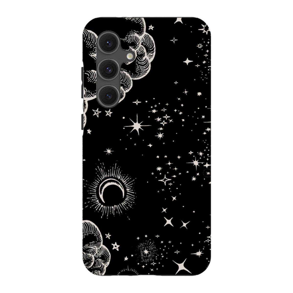 Samsung Tough Case in Lyra design featuring a black background with white celestial moon, cloud, and star illustrations.