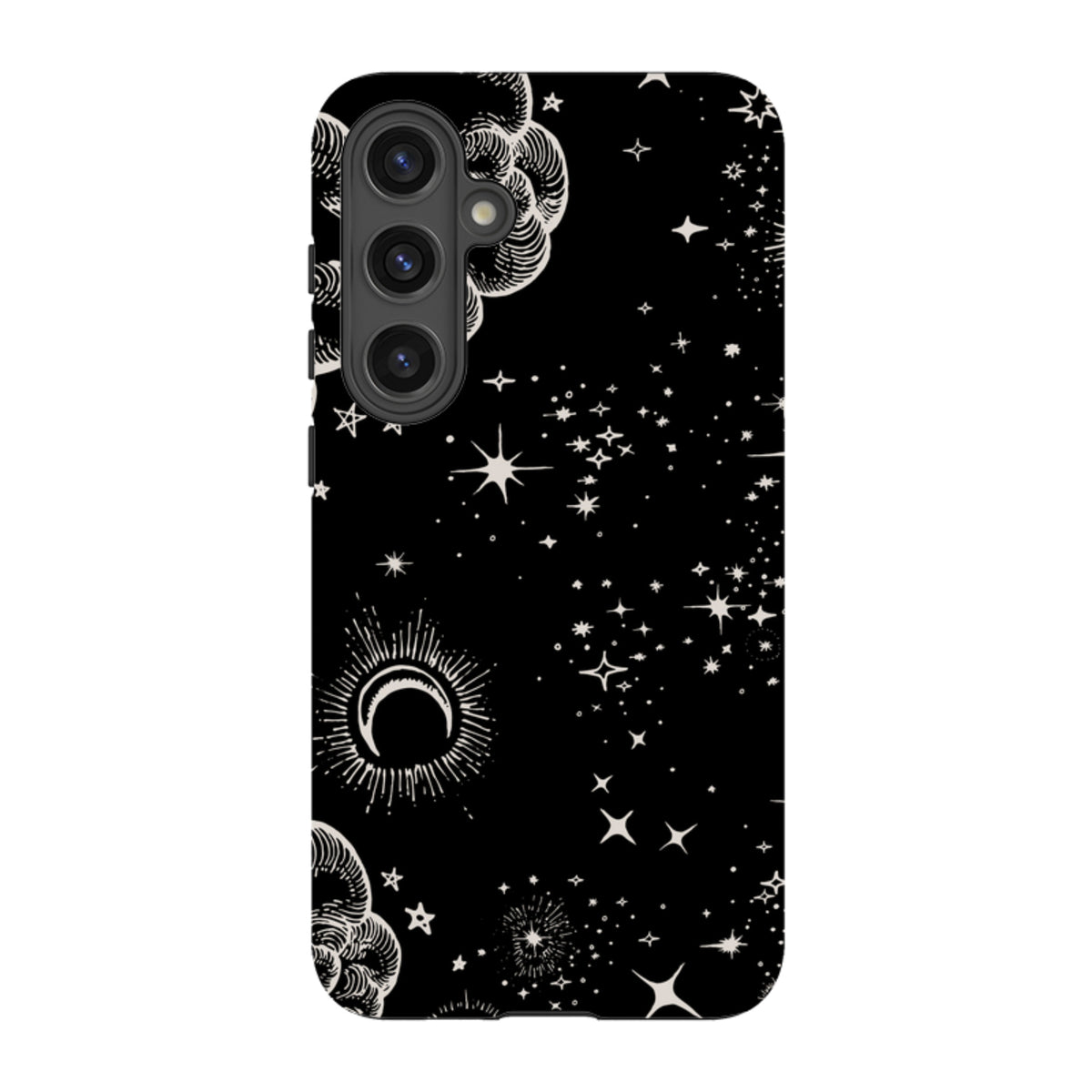 Samsung Tough Case for Galaxy featuring a black celestial design with white stars, clouds, and a crescent moon.