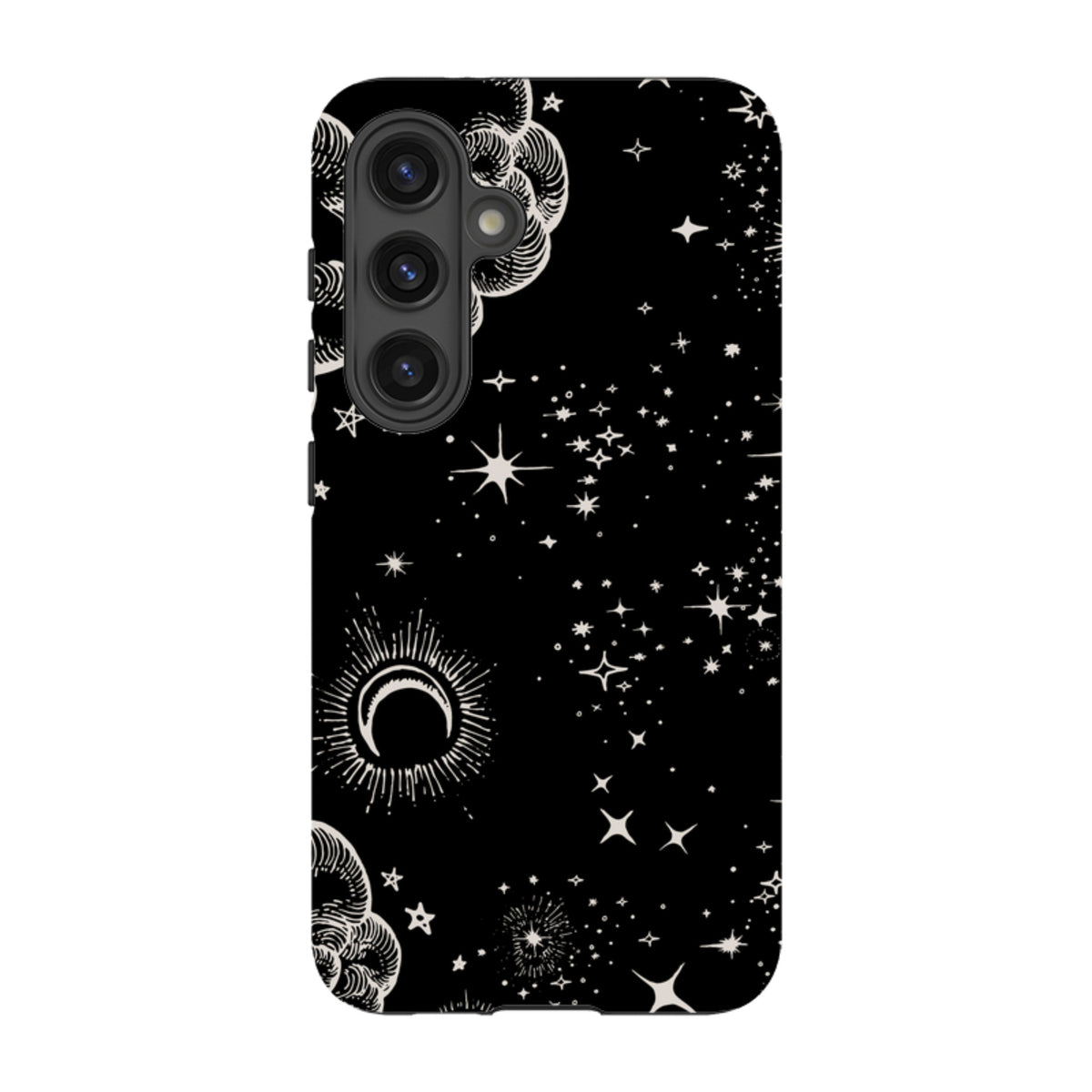Samsung Tough Case for Galaxy featuring a black background with white celestial moon, star, and cloud line art.