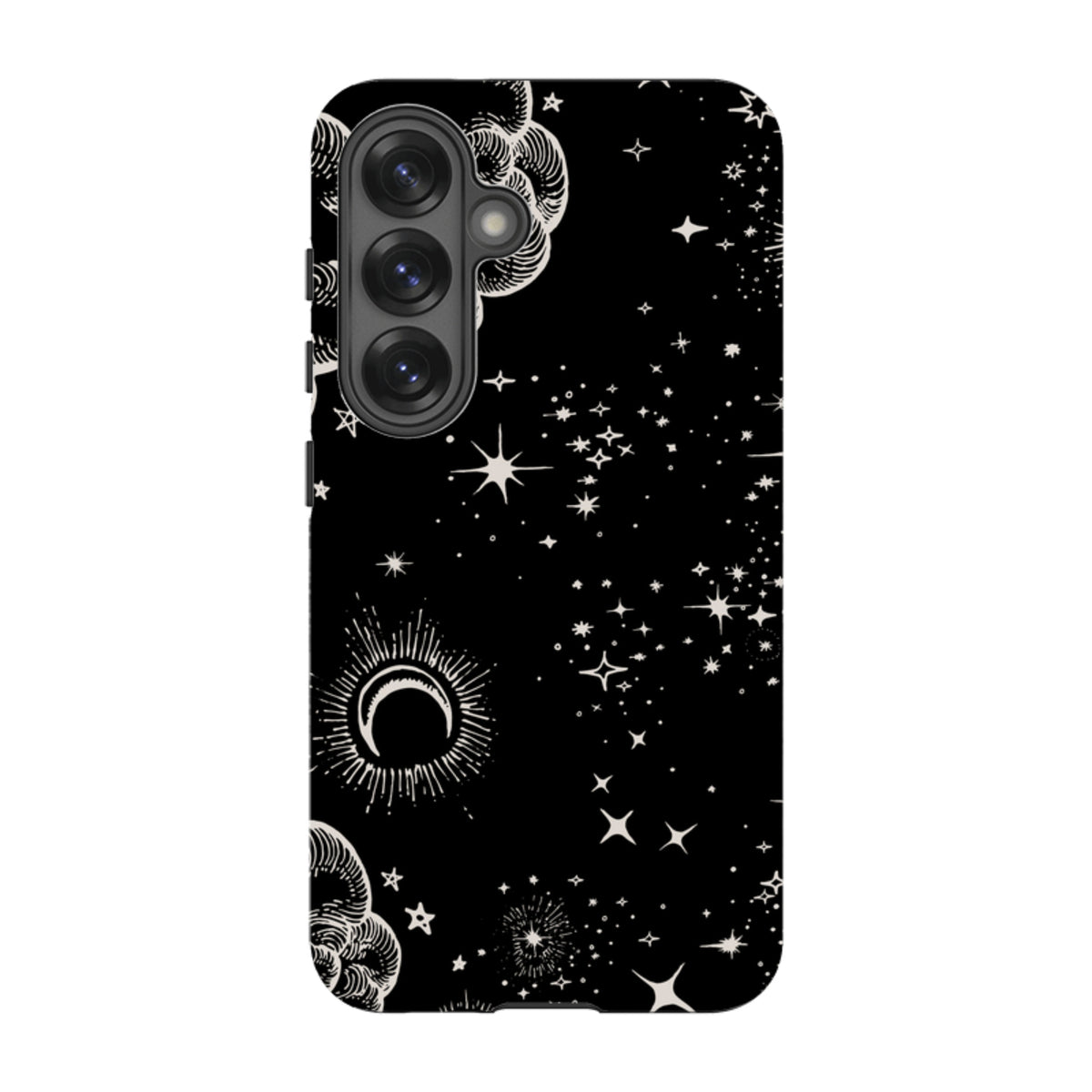 Samsung Tough Case in Lyra design featuring a black background with white celestial moon, star, and cloud illustrations.