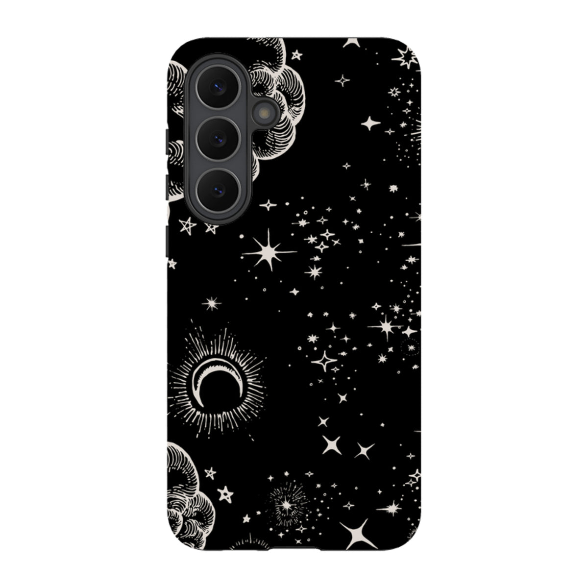 Samsung Tough Case featuring a black background with white celestial moon, cloud, and star illustrations.