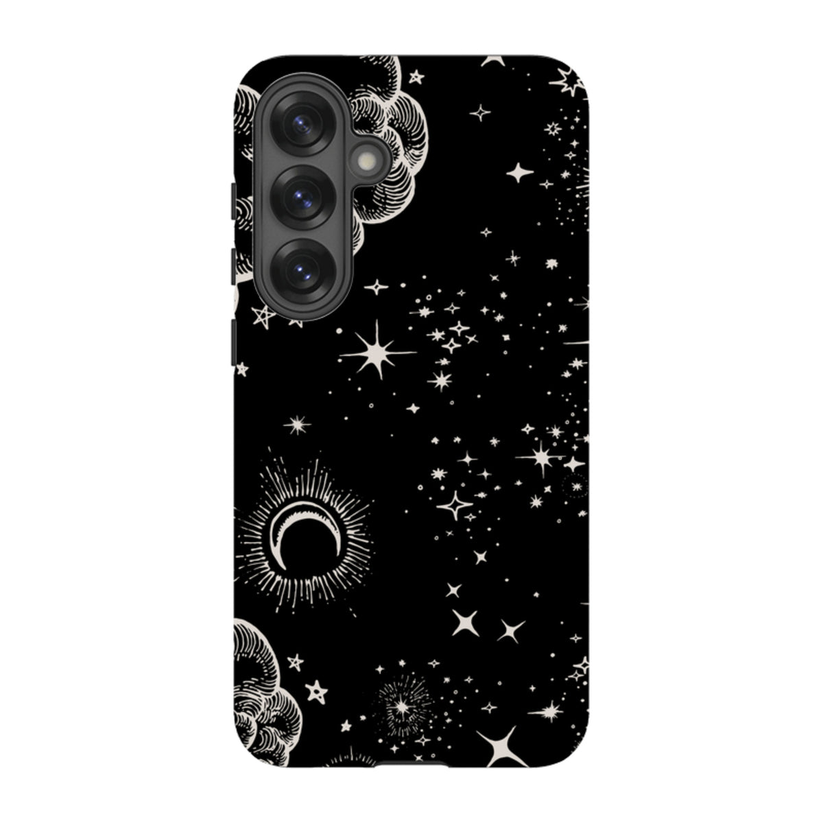 Samsung Tough Case featuring a black and white celestial design with stars, clouds, and a crescent moon.