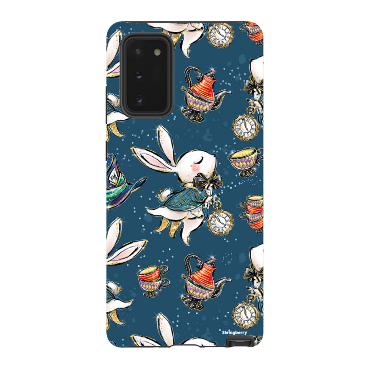 Samsung Tough Case featuring a Magic Alice rabbit, teapots, and clocks pattern on a deep blue background.