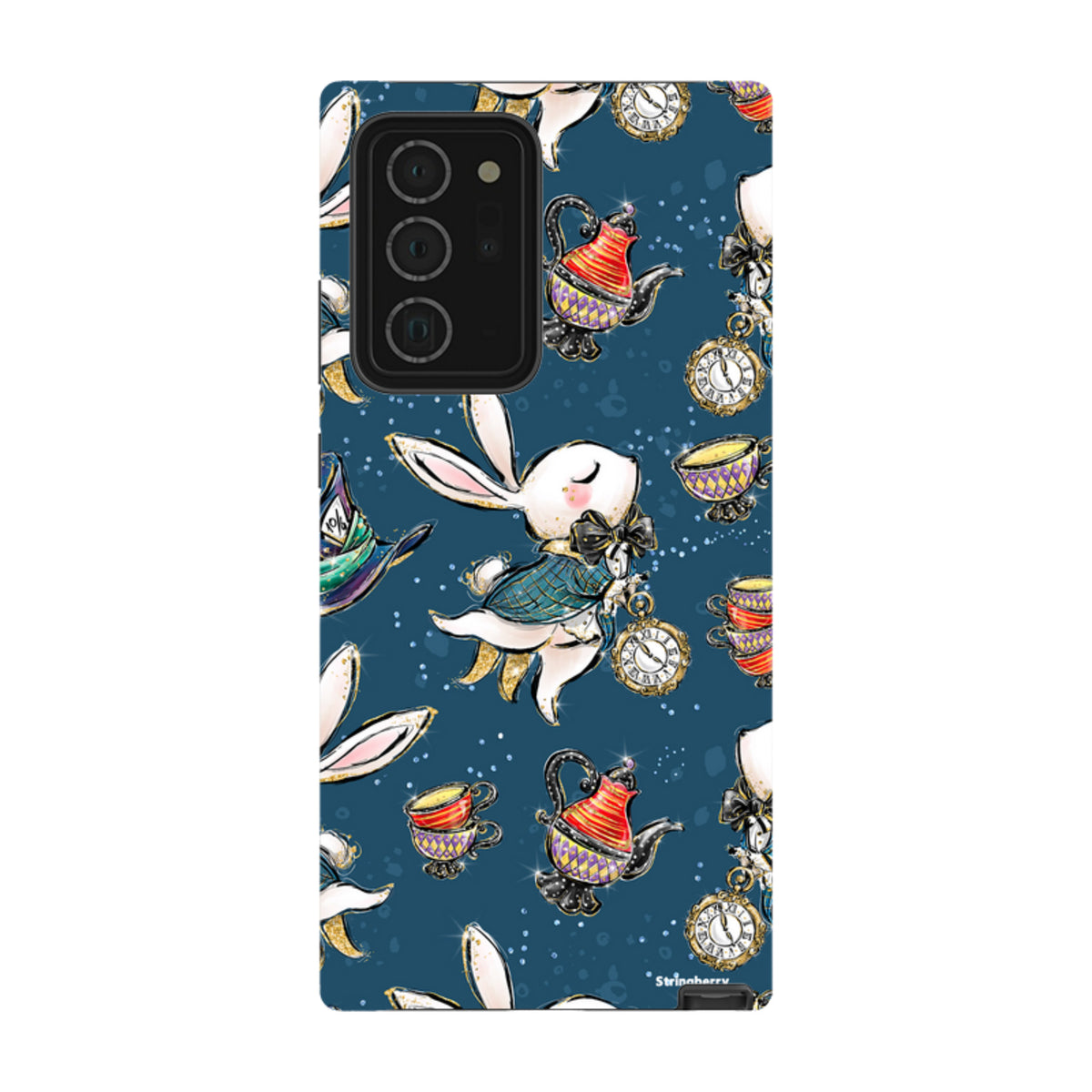Samsung Tough Case featuring a Magic Alice rabbit, teapot, and clock pattern on a dark blue background.
