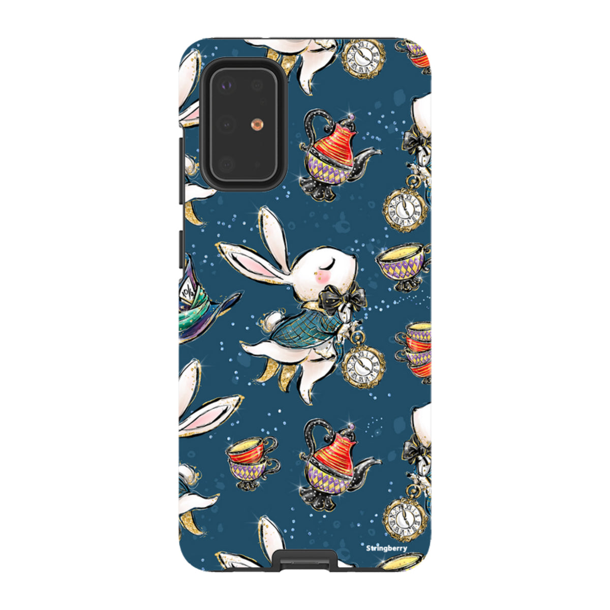 Samsung Tough Case featuring a Magic Alice pattern with rabbits, clocks, and teapots on a deep blue background.