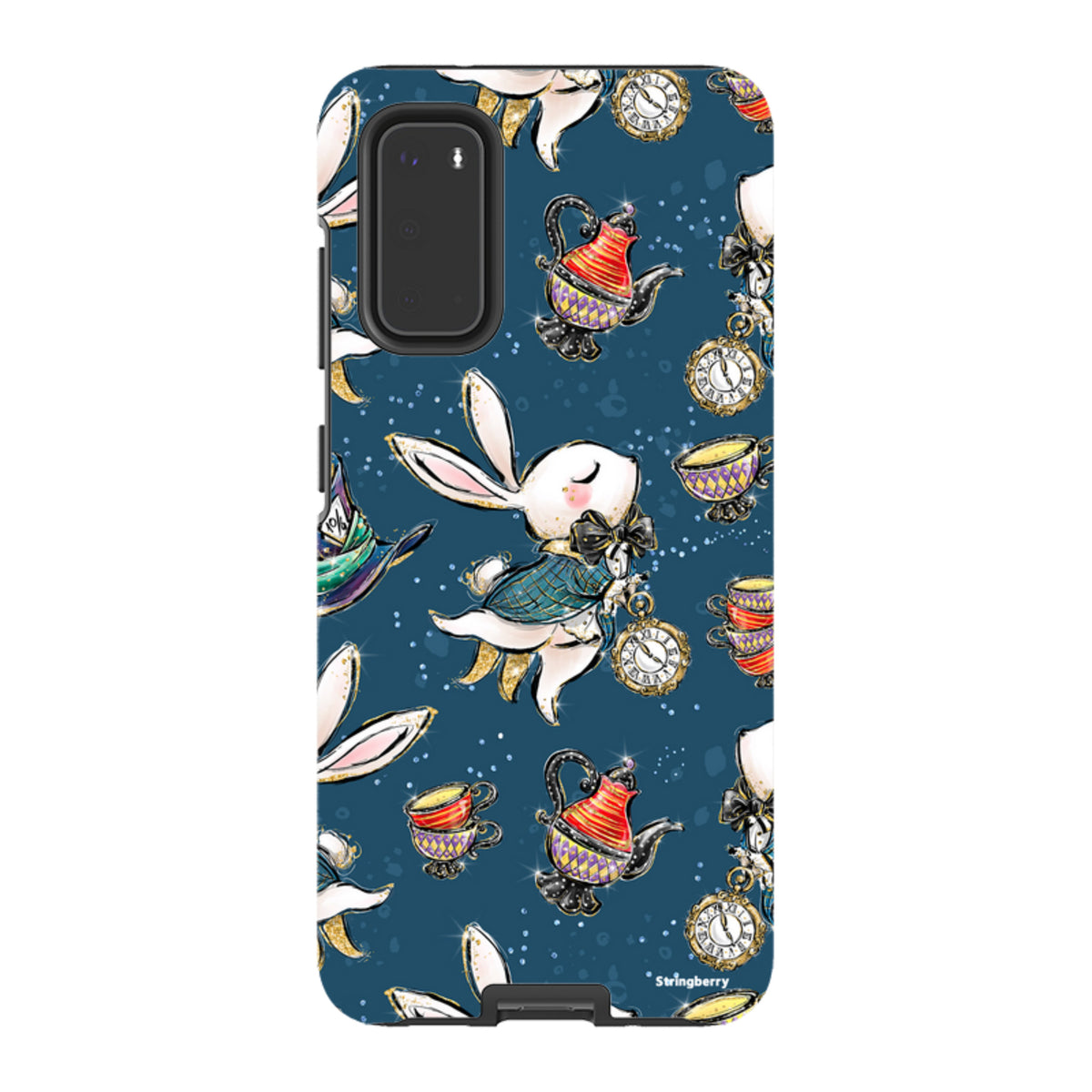 Samsung Tough Case featuring a whimsical Magic Alice rabbit, teapot, and clock pattern on a dark blue background.