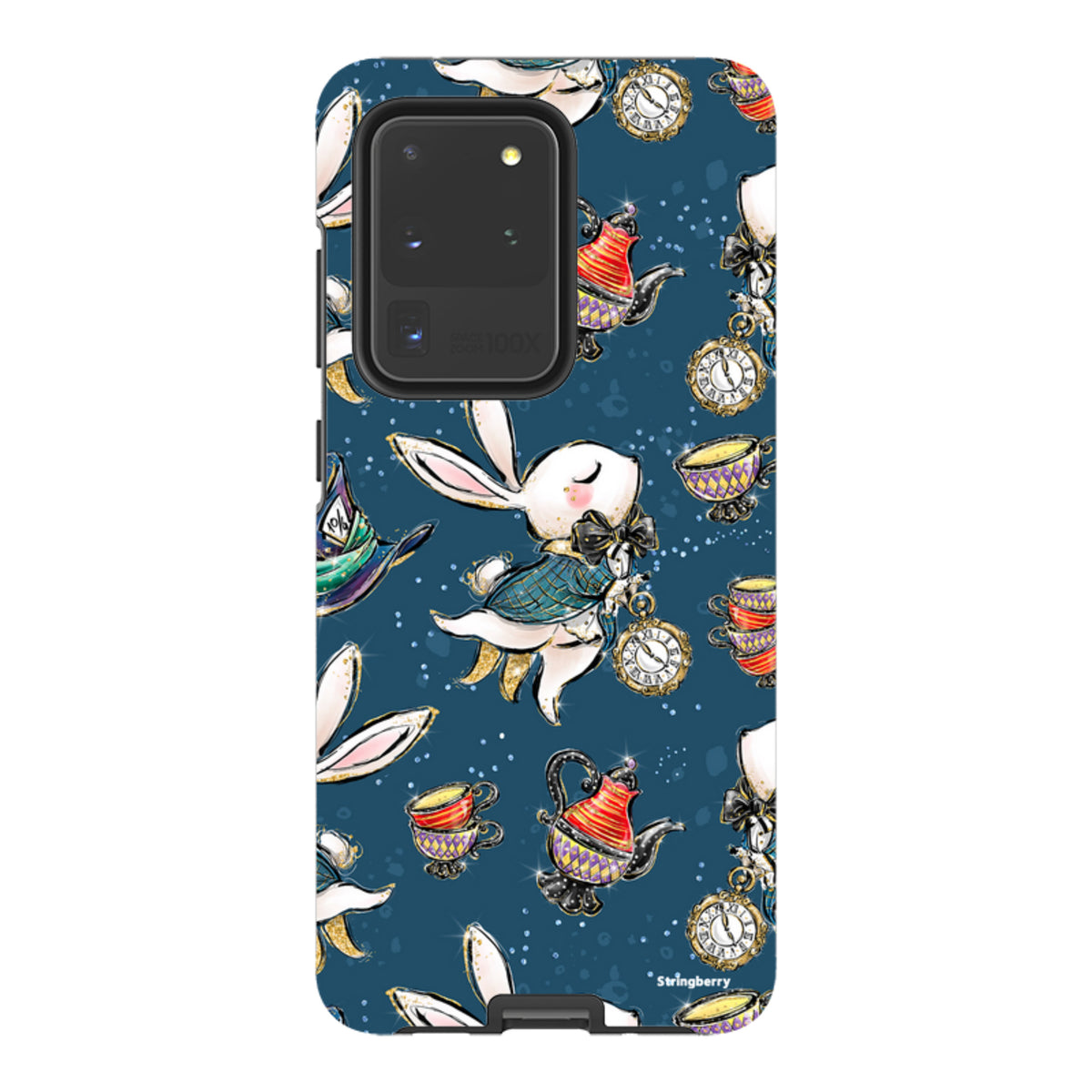 Samsung Tough Case featuring a Magic Alice pattern with white rabbits, teapots, and clocks on a dark blue background.