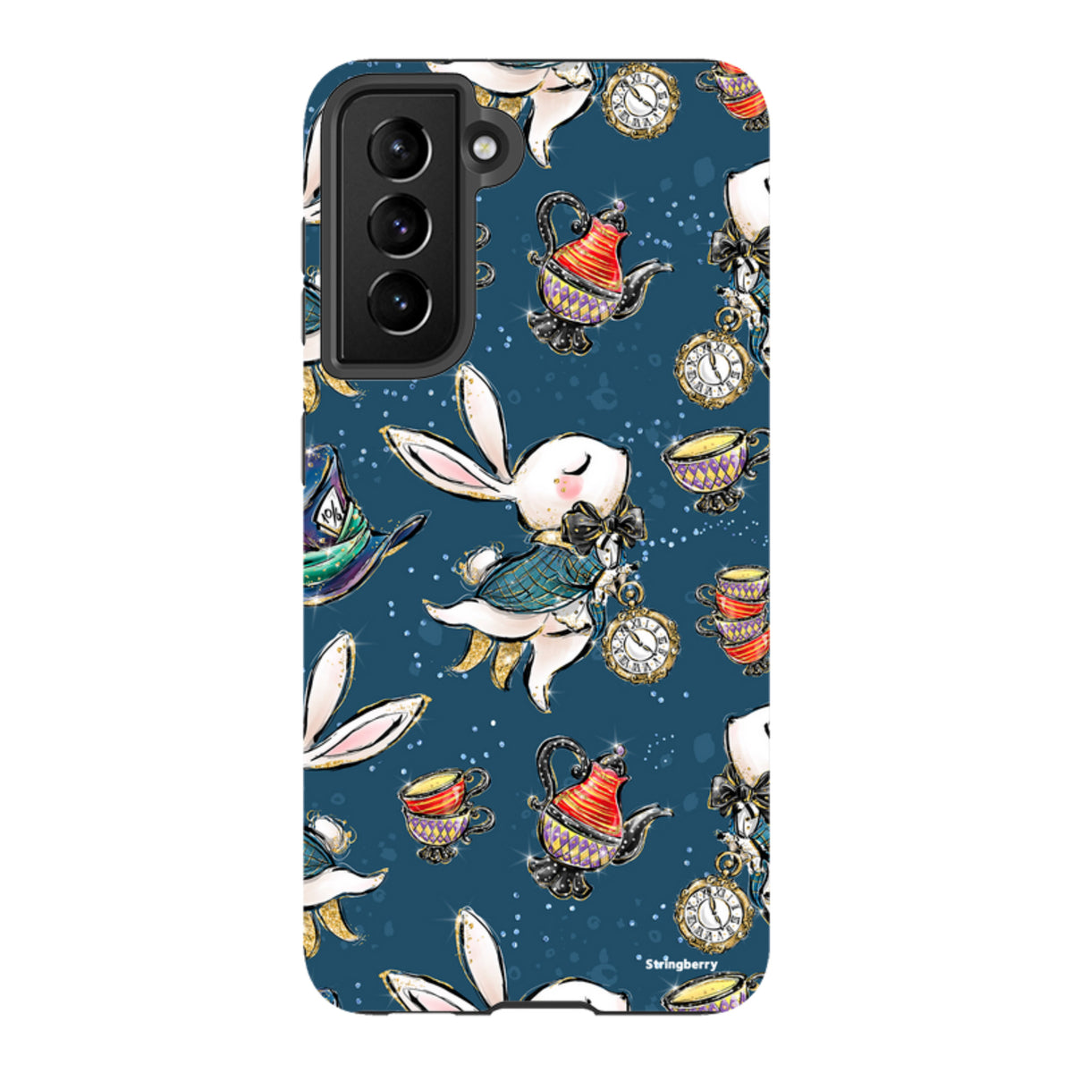Samsung Tough Case featuring a whimsical Magic Alice rabbit, teapots, and clocks pattern on a dark blue background.