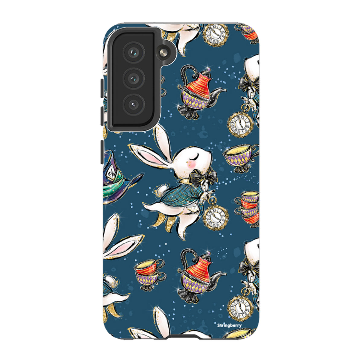 Samsung Galaxy tough case with a blue Magic Alice pattern featuring white rabbits, teapots, and clocks.