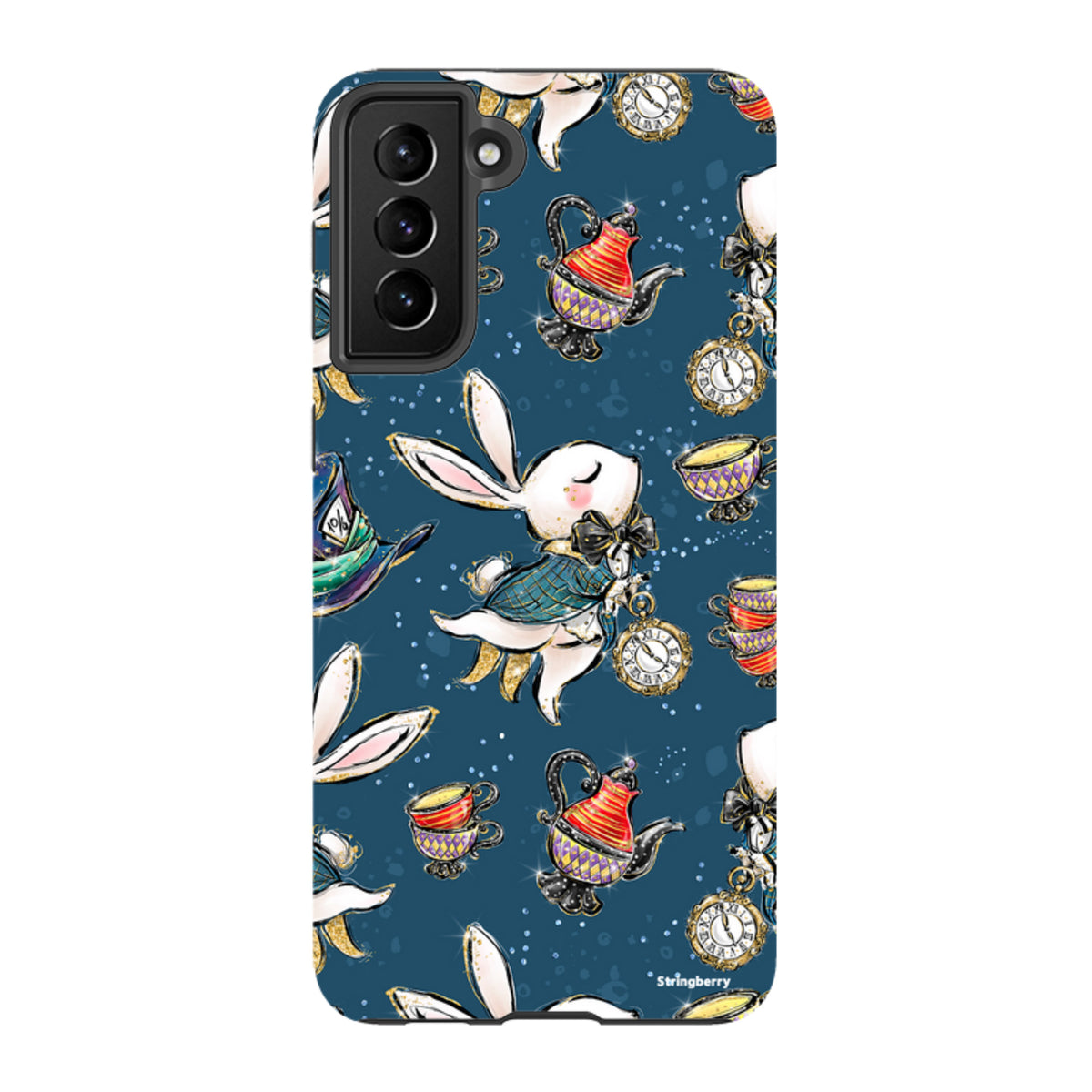 Samsung Tough Case featuring a whimsical Magic Alice rabbit, teapot, and clock pattern on a dark blue background.