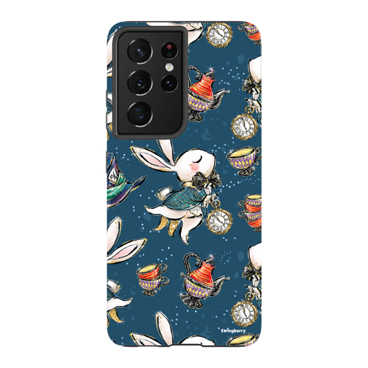 Samsung Tough Case featuring a Magic Alice pattern with white rabbits, teapots, and clocks on a dark blue background.