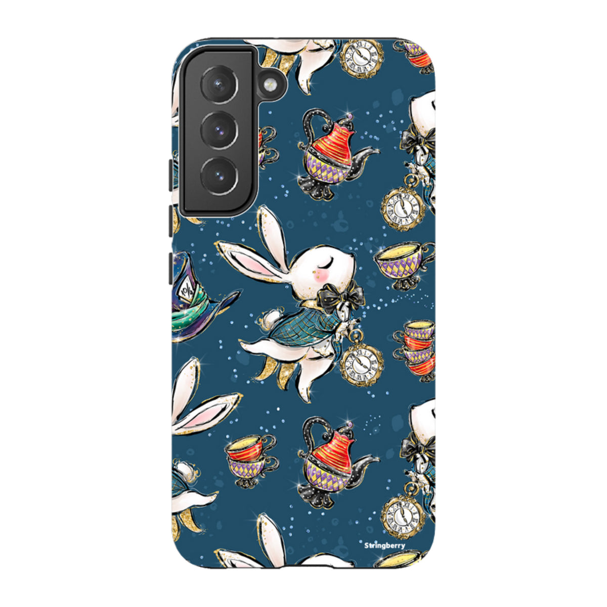 Samsung Galaxy tough case with a blue Magic Alice pattern featuring white rabbits, pocket watches, and teapots.