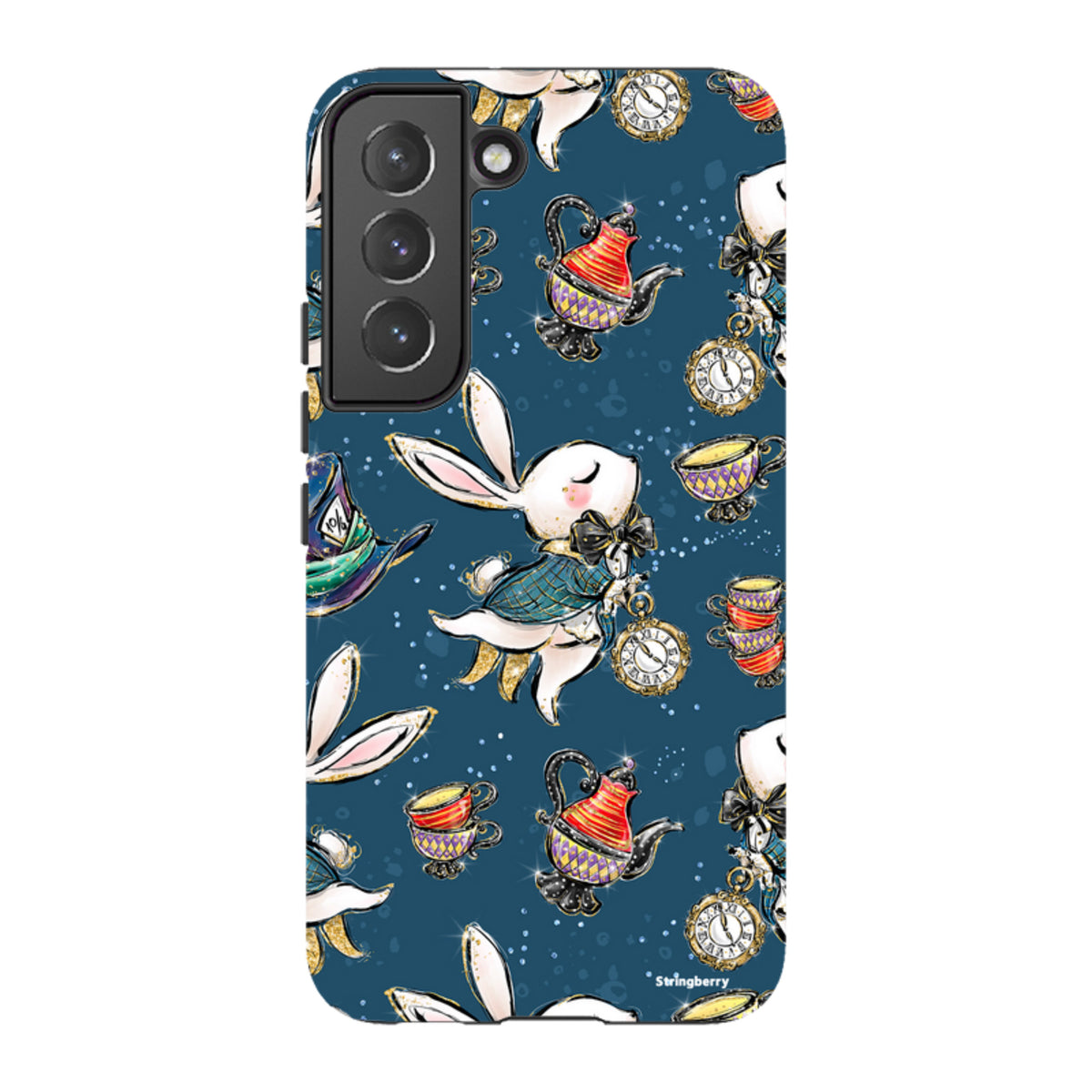 Samsung Tough Case featuring a whimsical Magic Alice rabbit and tea party pattern on a dark blue background.