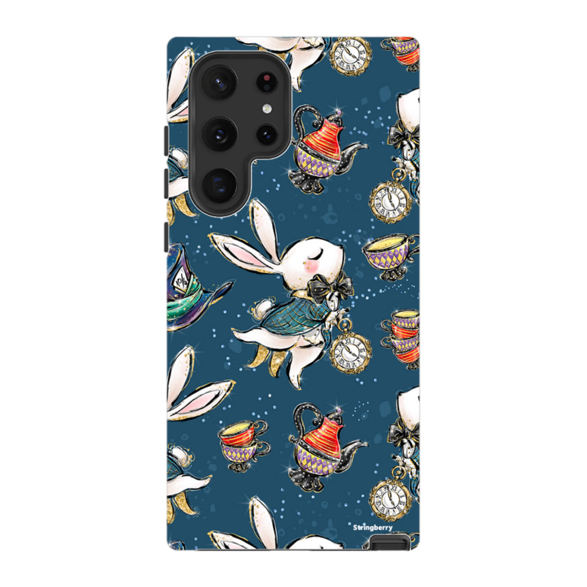 Samsung Tough Case featuring a whimsical Magic Alice rabbit, teapots, and clocks pattern on a dark blue background.