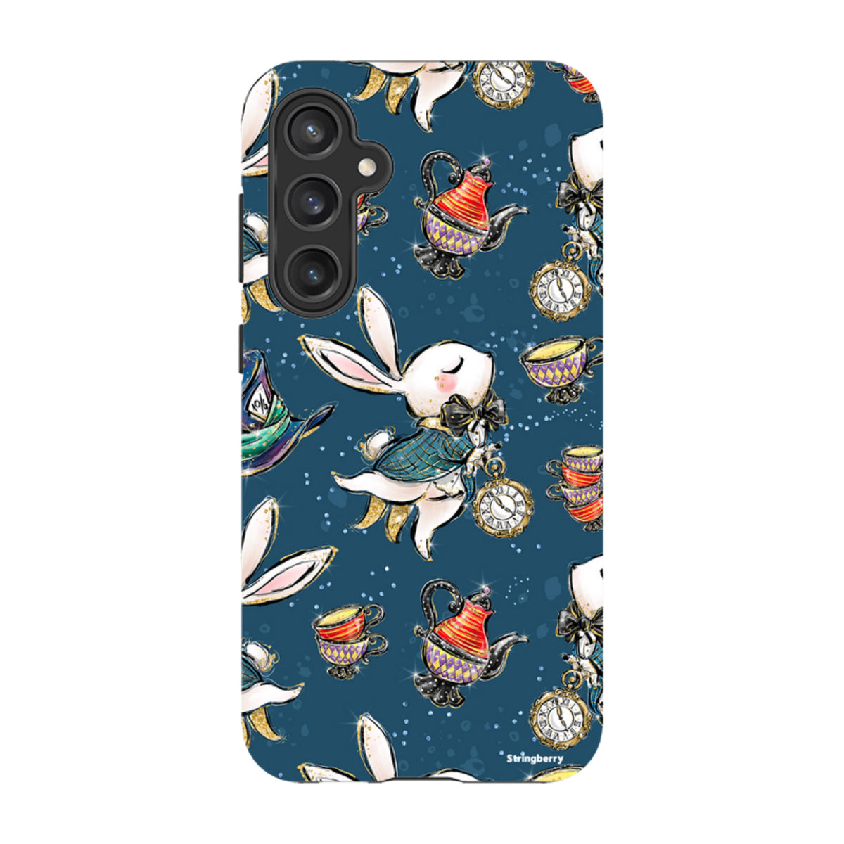 Samsung Tough Case featuring a Magic Alice pattern with white rabbits, teapots, and clocks on a dark blue background.