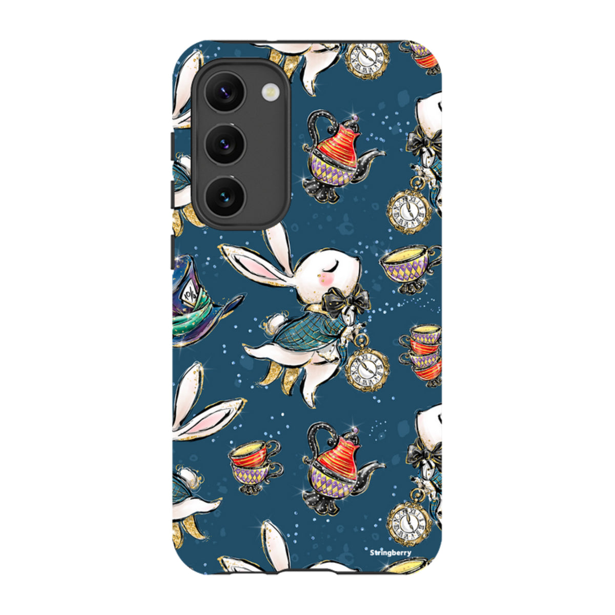 Samsung Tough Case featuring a whimsical Magic Alice rabbit, teapot, and clock pattern on a dark blue background.