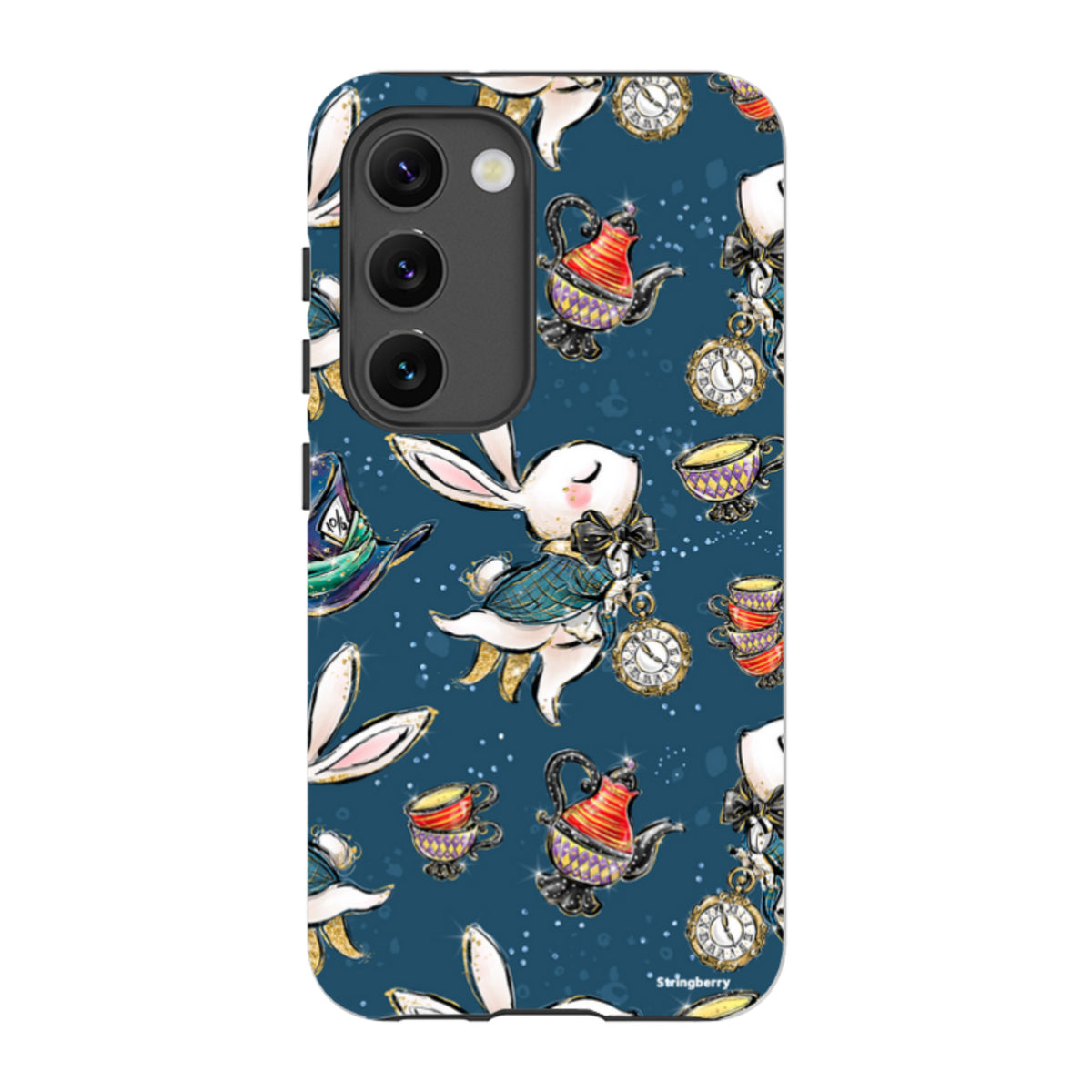 Samsung Tough Case featuring a whimsical Magic Alice pattern with white rabbits, teapots, and clocks on dark blue.