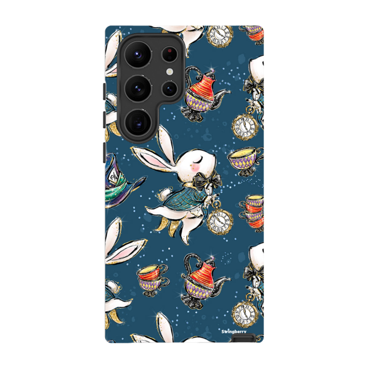 Samsung Tough Case featuring a Magic Alice pattern with white rabbits, teapots, and clocks on a dark blue background.